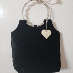 Black Velour Purse With Loop Handles and Beaded Heart accent
